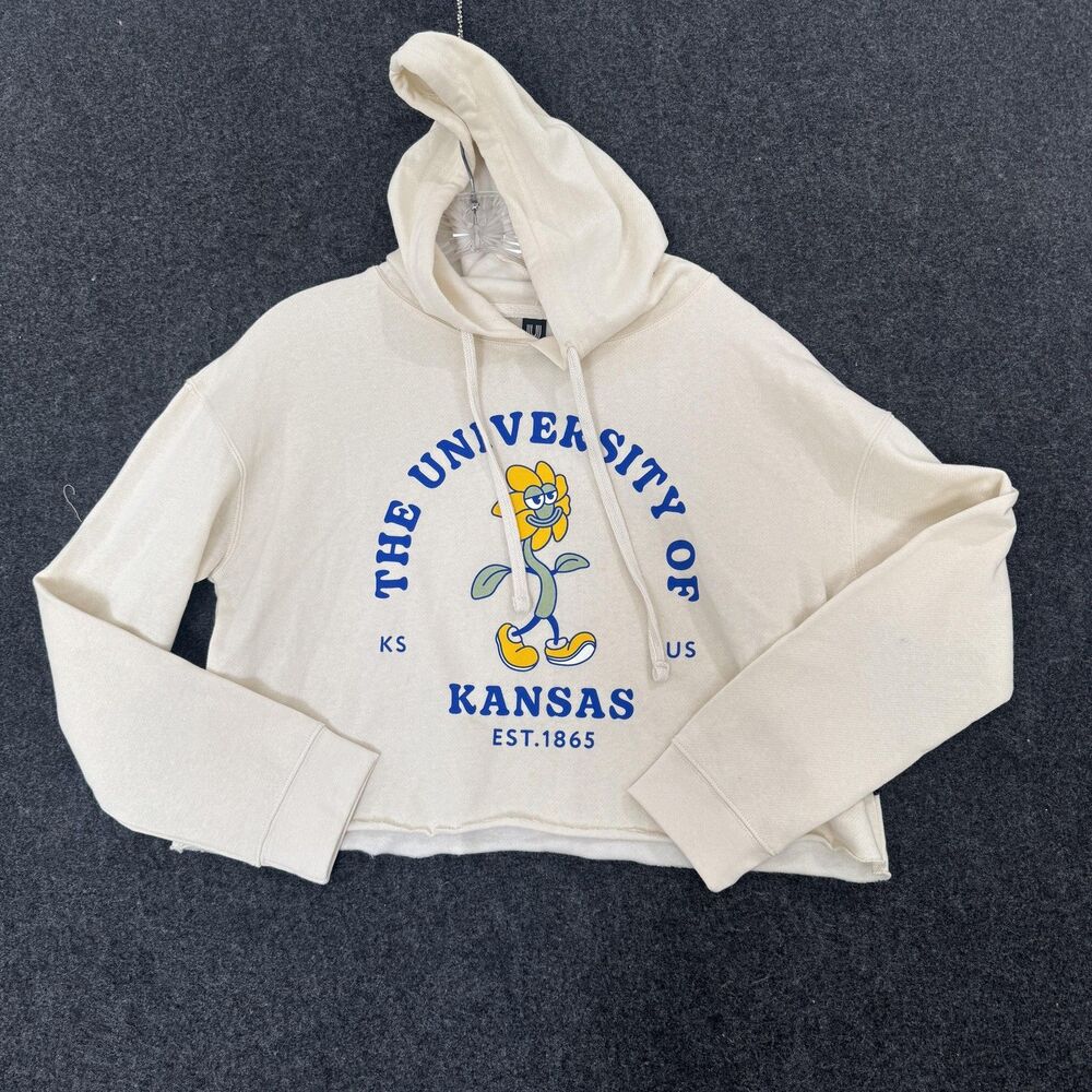 Kansas Jayhawks Hoodie Women's Medium Bone Cropped Pullover Graphic NCAA Uscape
